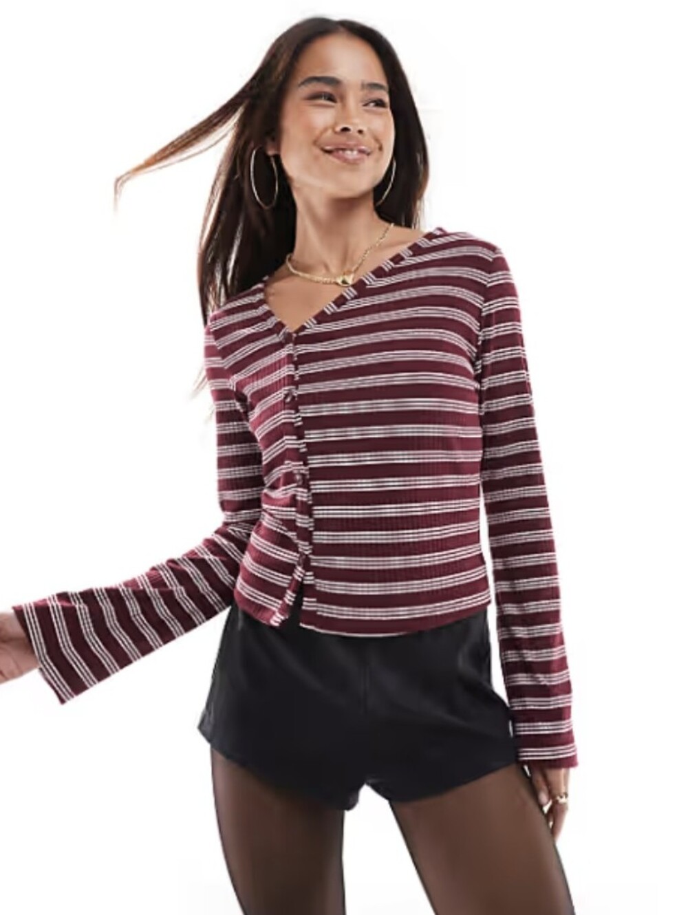Burgundy Stripe V-Neck Button Front Top